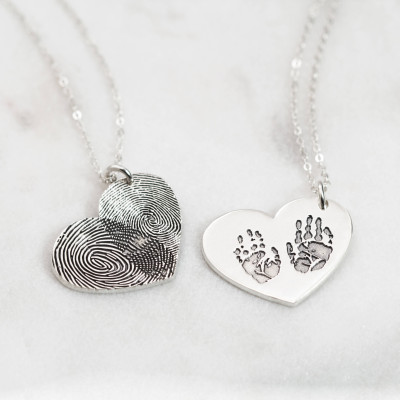 Personalised Engraved Fingerprint Necklace Handwriting Jewellery with Custom Heart Charm - Christmas Gift Idea
