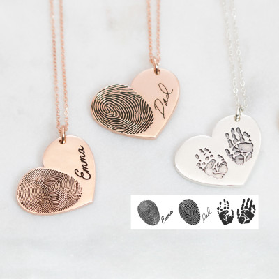 Personalised Engraved Fingerprint Necklace Handwriting Jewellery with Custom Heart Charm - Christmas Gift Idea