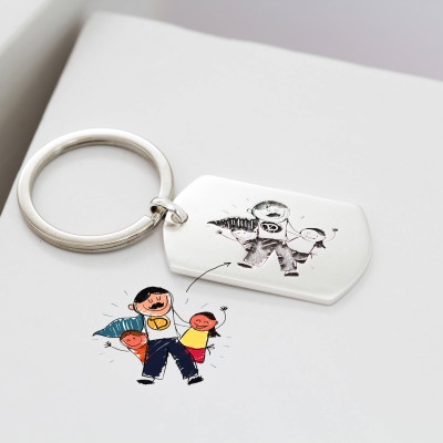 Personalised Children Drawing Keychain Gift for Dad - Engraved Baby Artwork Keepsake Charm - Grandpa Gift