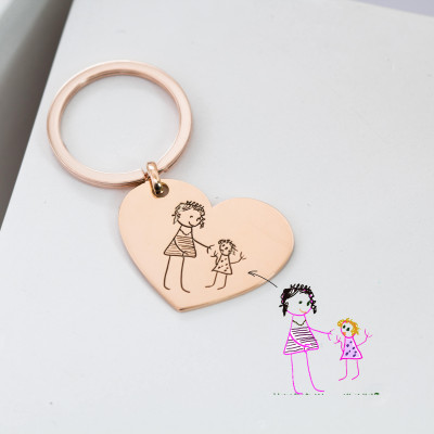 Personalised Kids Drawing Heart Keychain Engraved Baby Artwork Mom Gift Best Christmas Gift for Mom
