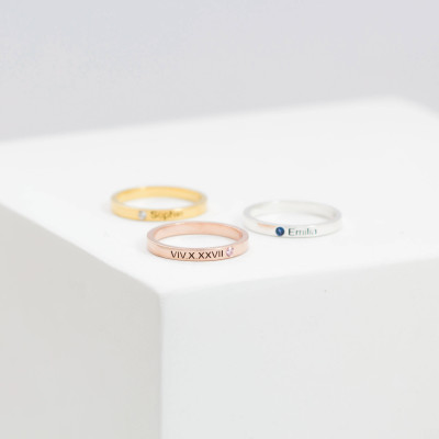 Personalised Birthstone and Name Ring - Sterling Silver or Gold Stacking Ring - Mom Gift - Rose Design - New Mom Gift