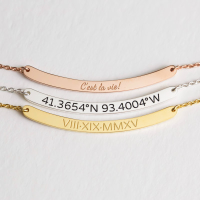 Personalised Wedding Jewellery Gift - Custom Coordinates Bar Necklace w/ Roman Numerals - Inspirational Christmas Jewellery