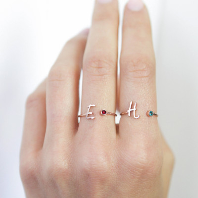 Dainty Custom Monogram Initials Birthstone Name Ring for Bridesmaids Christmas Gift in Gold or Silver - RM06F48