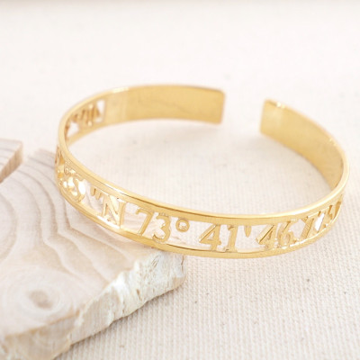 Personalised Location Coordinate Bangle with Roman Numeral Cuff - Bracelet for Wedding Gift