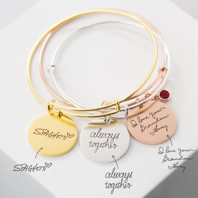 Personalised Handwriting Friendship Bracelet - Engraved Signature Disc Bangle - Mom Gift Jewellery - Expandable Bangle Bracelet
