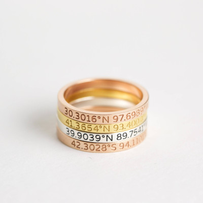 Dainty Custom GPS Location Jewellery Stackable Band - Latitude Longitude Ring
