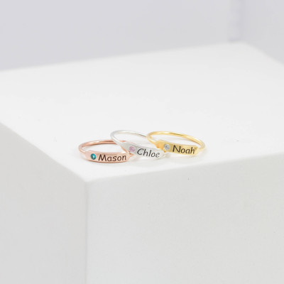 Personalised Stacking Bar Ring, Sterling Silver, with Birthstone, Perfect for Baby Names, Mothers, Christmas Gifts