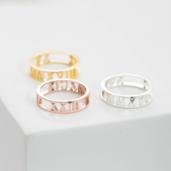 Personalised Roman Numeral Date Ring - Stackable Engagement, Anniversary, Promise Jewellery
