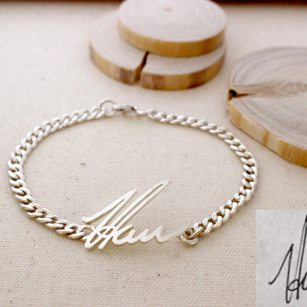 Father's Day Gift - Men's Signature Handwriting Bracelet Jewellery Bangle for Him - Memorial Gift for Him