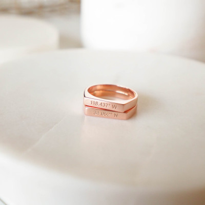 Custom Personalised Coordinates Bar Ring with Name Engraving - Minimalist Skinny Longitude Latitude Ring - Christmas Gift Idea