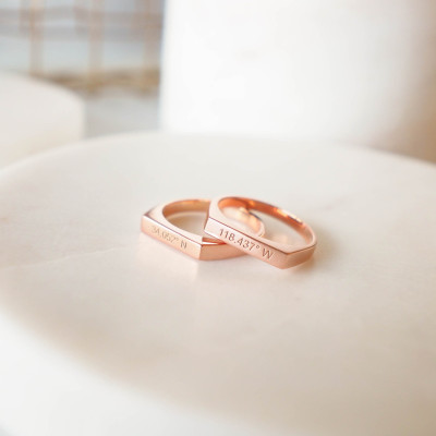 Custom Personalised Coordinates Bar Ring with Name Engraving - Minimalist Skinny Longitude Latitude Ring - Christmas Gift Idea