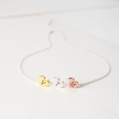 Personalised Family Monogram Necklace with Three Heart Charms and Custom Name Initials - Mixed Metal Jewellery Gift Idea