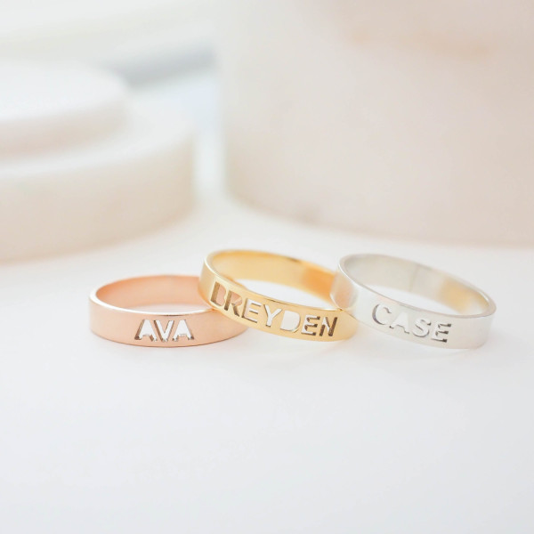 Personalised Custom Name Ring Jewellery - Grandma Gift, Cut-out Style Design, Mom Family Rings