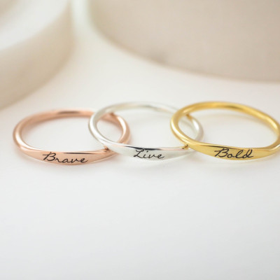 Personalised Skinny Custom Name Mantra Ring with Baby Shower and Mothers Gift - Stacking Ring - 21F44