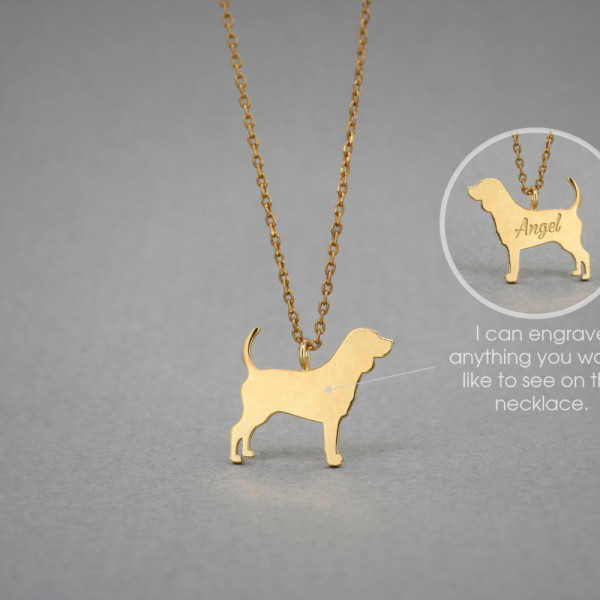 18K Solid Gold Tiny Beagle Personalised Name Necklace - Dog Breed Necklace - Custom Dog Lover Gift