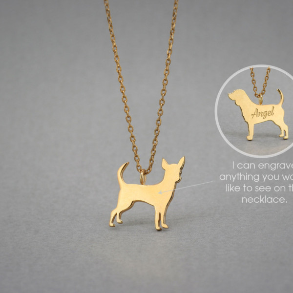 18K Gold Chihuahua Name Necklace - Tiny Dog Charm - Rose or Gold Plated