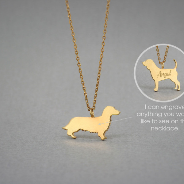 Solid Gold Dachshund Longhaired Name Necklace - Dog Necklace - 18K Gold or Rose Plated Chain