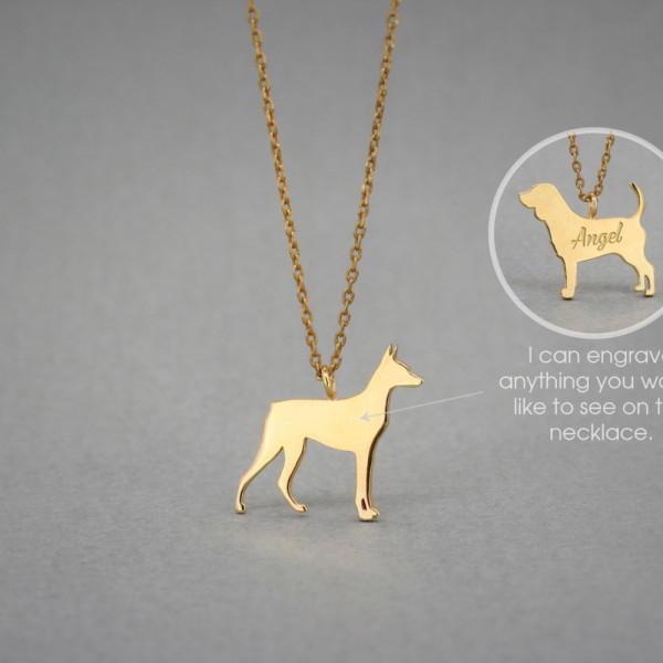 18K Solid Gold Tiny Doberman Pinscher Name Necklace - Personalised Dog Jewellery