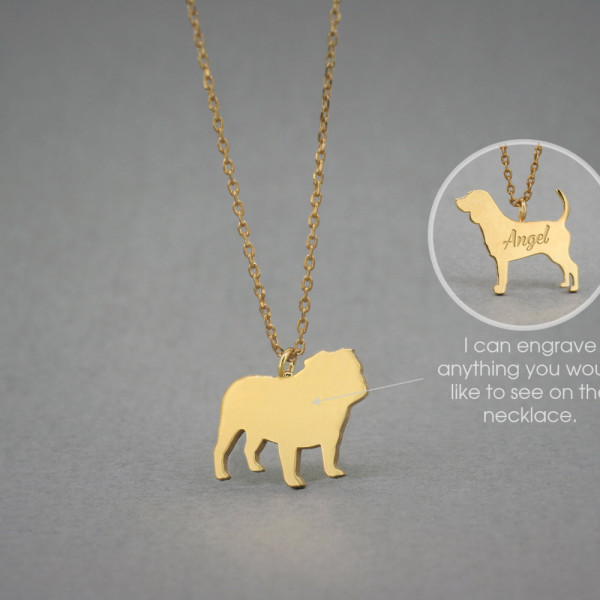 18K Solid Gold English Bulldog Name Necklace - Dog Pendant Necklace