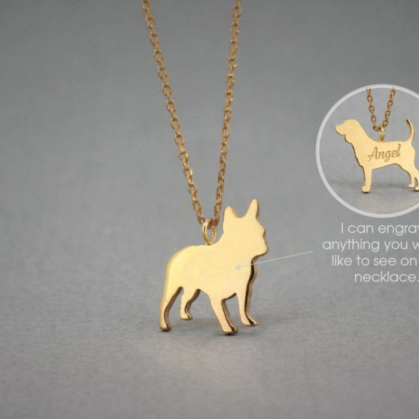 18K Solid Gold Tiny French Bulldog Name Necklace - Frenchie Jewellery