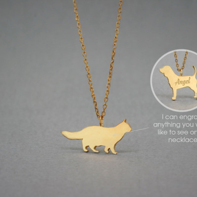 18K Solid Gold Cat Name Necklace - Tiny Long-haired Cat Jewellery