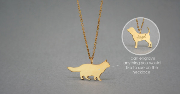 14k Solid Gold Tiny Longhaired Cat Name Necklace Gold Cat