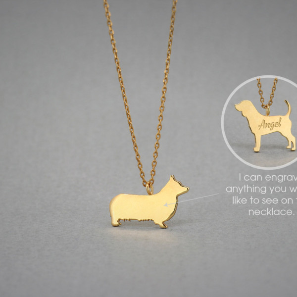 18K Gold Pembroke Welsh Corgi Dog Name Necklace - Charm Jewellery