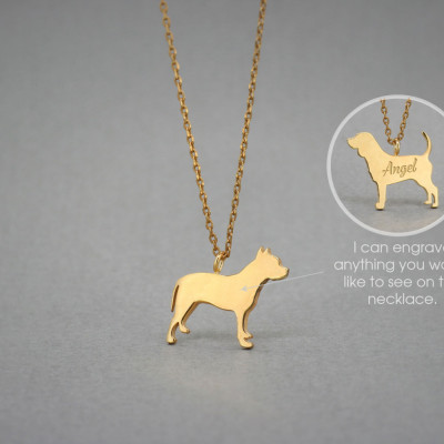 Solid 18K Gold Tiny Pitbull Name Necklace - Dog Jewellery