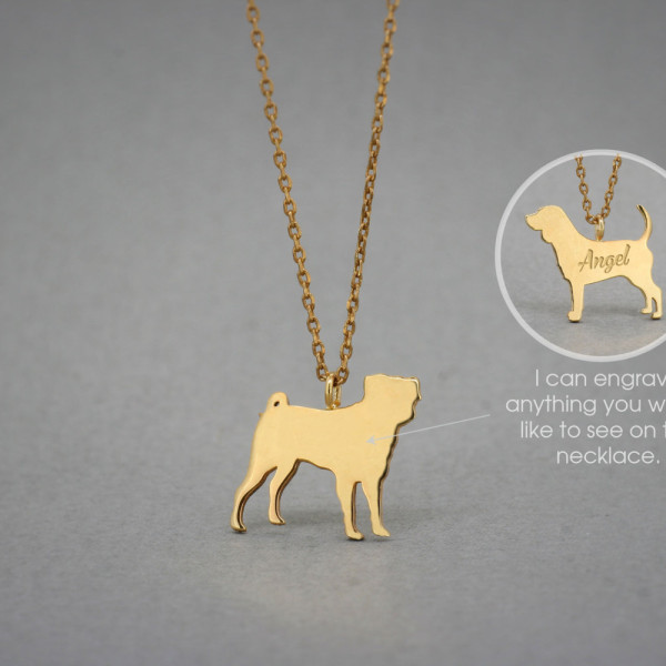 18K Solid Gold Tiny Pug Name Necklace Dog Necklace