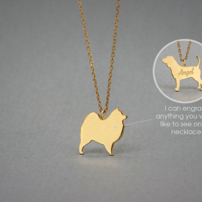 18K Solid Gold Tiny Samoyed Personalised Name Necklace - Dog Pet Lover Jewellery