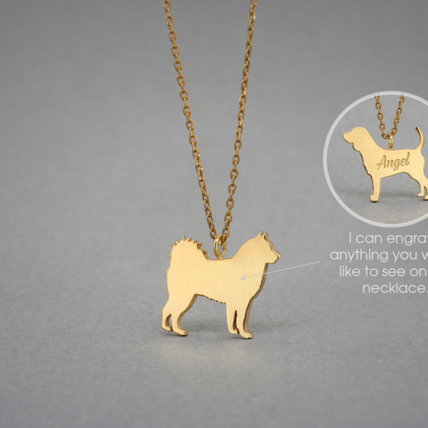 18K Solid Gold Personalised Name Necklace with Siberian Husky Design