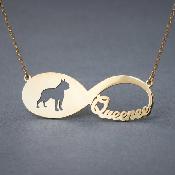 Personalised 18k Solid Gold Infinity Boston Terrier Name Necklace