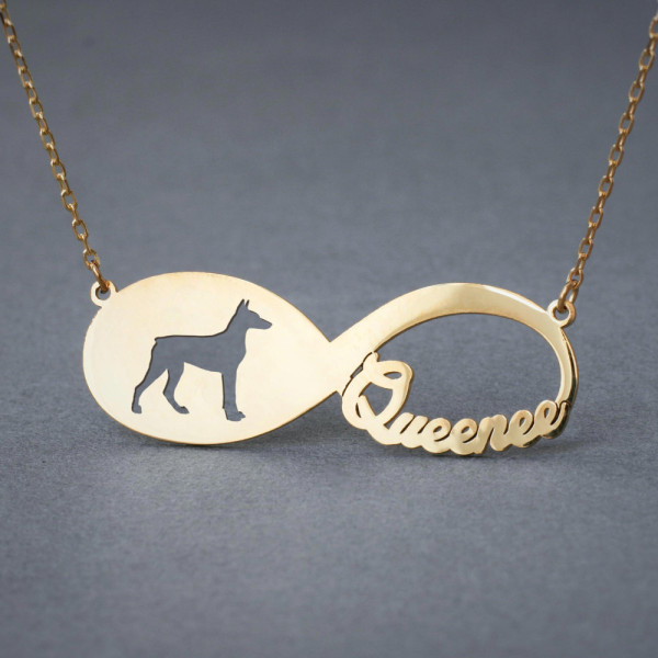 Personalised 18k Solid Gold INFINITY DOBERMAN Necklace - Custom Name Necklace