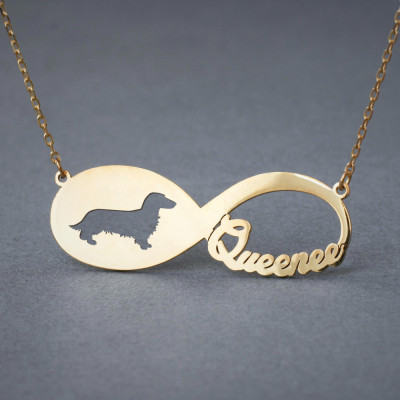 18k Gold Personalised Infinity Long Haired Dachshund Name Necklace