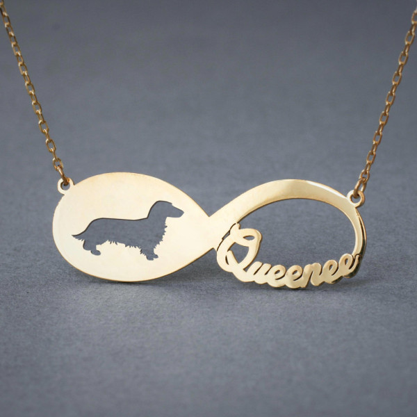 18k Gold Personalised Infinity Long Haired Dachshund Name Necklace