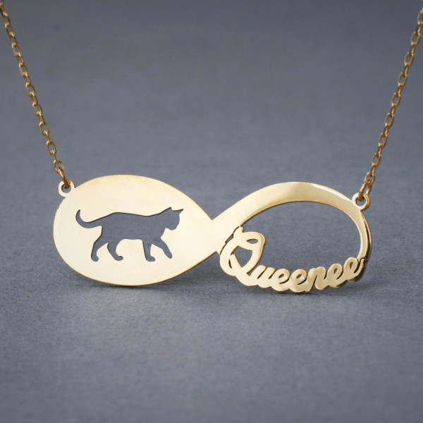 18k Gold Personalised Infinity Cat Necklace - Custom Name Jewellery