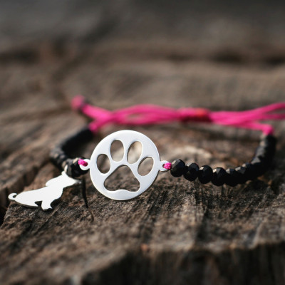 Adjustable Paw Print Charm Bracelet with Glass Beads in Silver, Gold, or Rose Plating