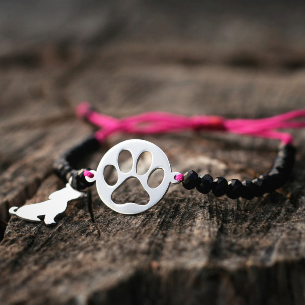 Adjustable Paw Print Charm Bracelet with Glass Beads in Silver, Gold, or Rose Plating
