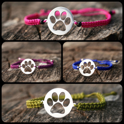 Silver, Gold, or Rose Plated Paw Print Charms Adjustable Macrame Disk Bracelets