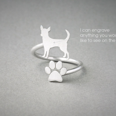 Stylish Adjustable Dog Ring - Chihuahua & Paw Design - Silver/Gold/Rose Plated