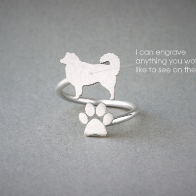 Adorable Dog Ring: AUSTRALIAN SHEPHERD and PAW Design in Silver, Gold, or Rose Plating.