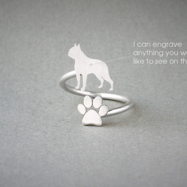Handcrafted Dog Ring with Spiral Boston Terrier and Paw Design - Silver, Gold or Rose Plating