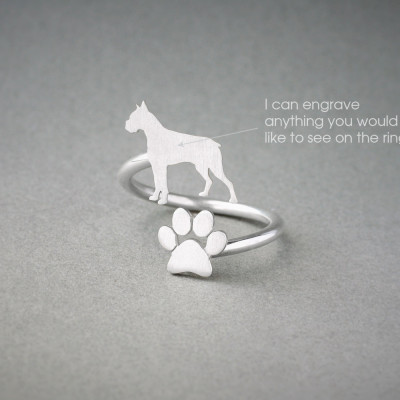 Adjustable Spiral BOXER and PAW Ring / Boxer Ring / Paw Ring /Dog Ring / Silver, Gold Plated or Rose Plated.