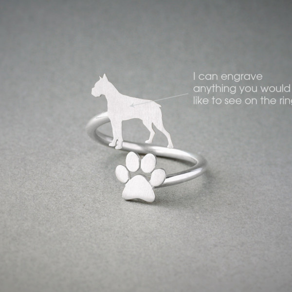 Sterling Silver, Gold or Rose Plated Adjustable Dog BOXER + PAW Ring