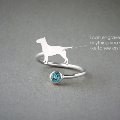 Adorable Bull Terrier Birthstone Ring / Adjustable Custom Dog Jewellery / Pet Paw Anniversary Gift