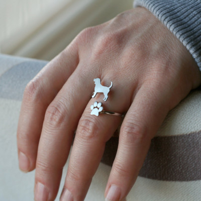 Silver, Gold Plated or Rose Plated Bull Terrier and Paw Ring - Adjustable Dog Ring"