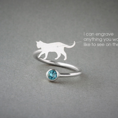 Adjustable Spiral CAT BIRTHSTONE Ring / Cat Shorthaired Birthstone Ring / Birthstone Ring / Dog Ring