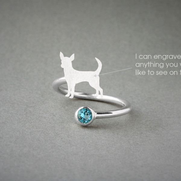Sterling Silver, Gold Plated, or Rose Plated Chihuahua Birthstone Ring - Adjustable Spiral Dog Ring