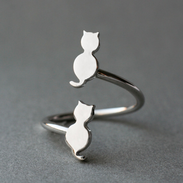 Adjustable Spiral Cat Ring - Double Cat in Silver, Gold or Rose Plated