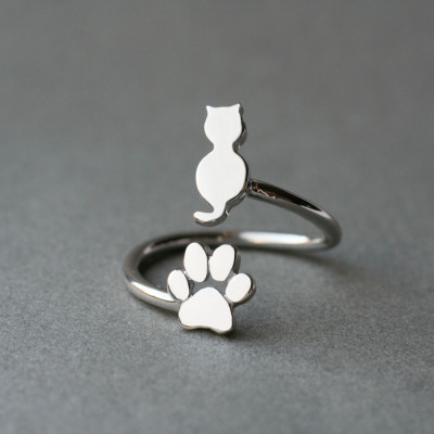 Cat and Paw Adjustable Ring - Silver, Gold, Rose Gold Plated